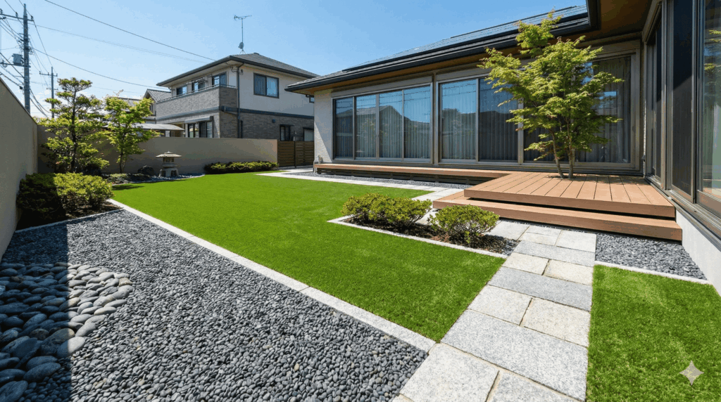 人工芝・黒玉砂利・石畳アプローチ・ウッドデッキ・低木植栽を組み合わせた和モダン庭園の施工事例。ローメンテナンスで美しい裏庭を実現した新築住宅の外構工事。福井県の造園・外構工事（長谷川造園・緑庭 和み）。
