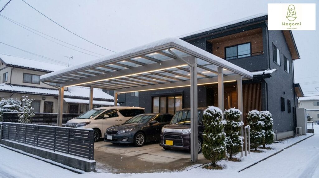 福井県の新築外構で3台用カーポートを施工した冬の完成事例
