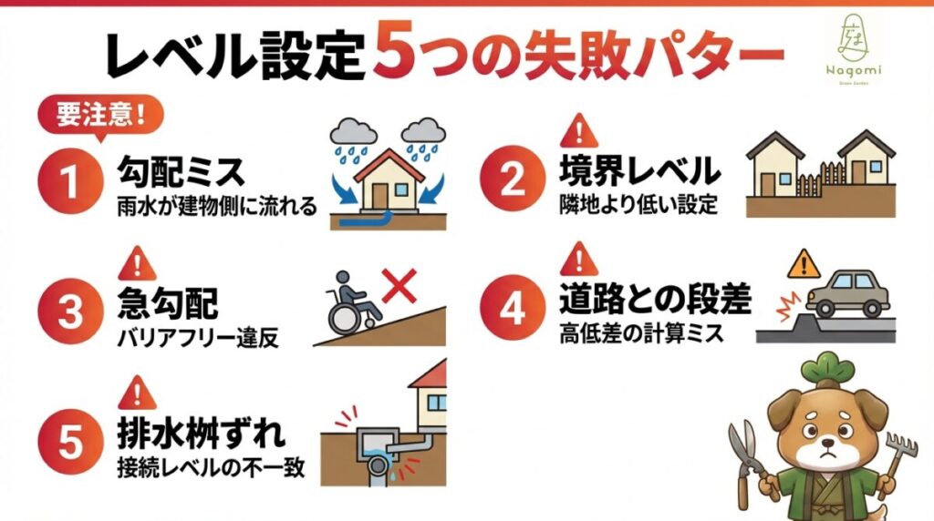 外構のレベル設定で起こりやすい5つの失敗パターンをまとめた図解