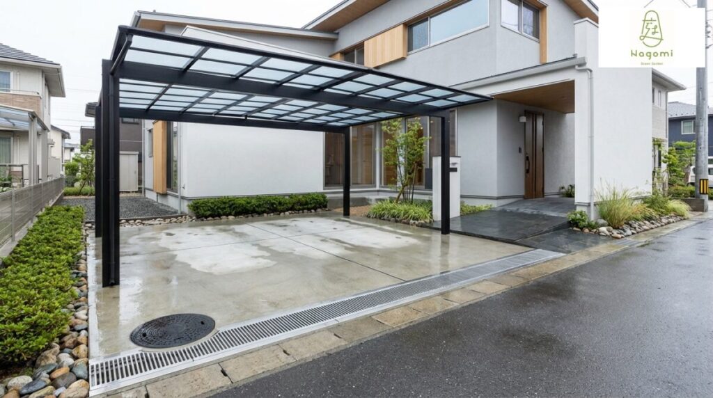 駐車場土間コンクリートと排水計画が分かる新築外構の施工事例写真