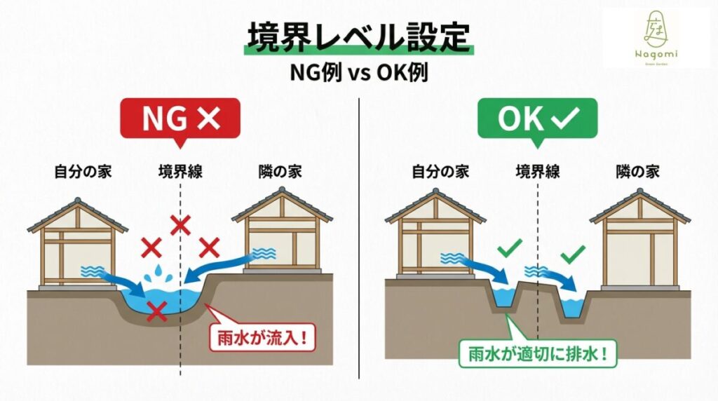 隣地との境界レベル設定で雨水流入を防ぐNG例とOK例の比較図