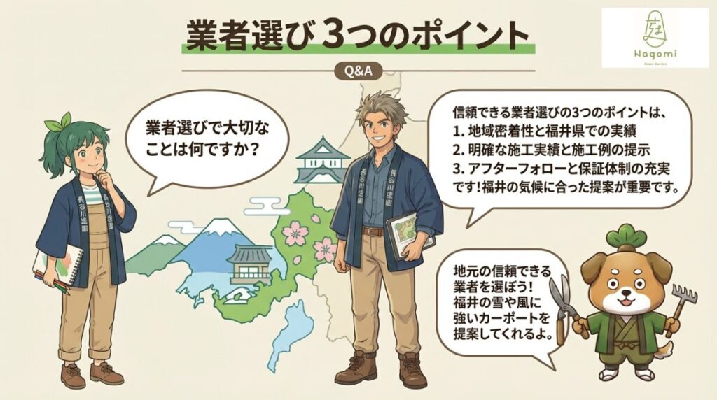 福井で3台用カーポートを依頼する業者選びのポイントを解説したQ&A図