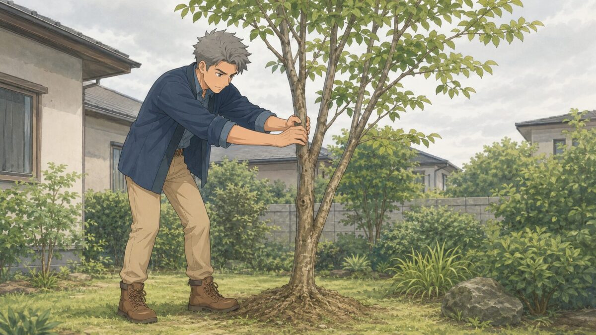 庭木の幹を両手で持って揺すり、根元のぐらつきを確認している様子