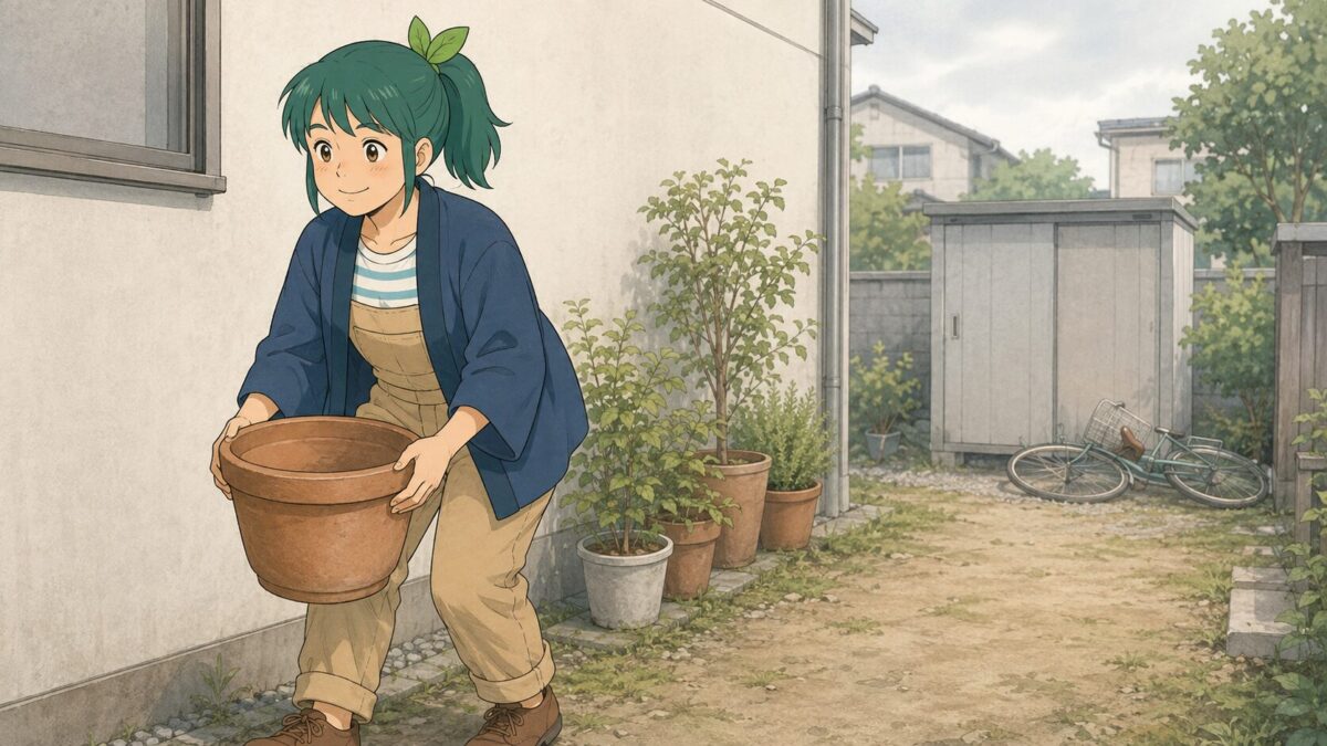 台風に備えて植木鉢を壁際へ移動させている様子。奥に物置と寝かせた自転車